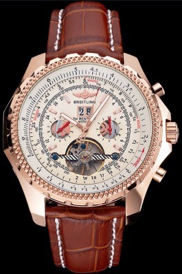 Breitling For Bentley Mulliner Tourbillon White Dial Rose Gold Case Brown Leather Strap Fake Breitling Bentley