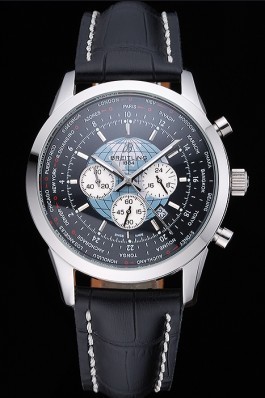 Breitling Transocean Chronograph Unitime Black Dial Stainless Steel Case Black Leather Bracelet 622242 Breitling Replica