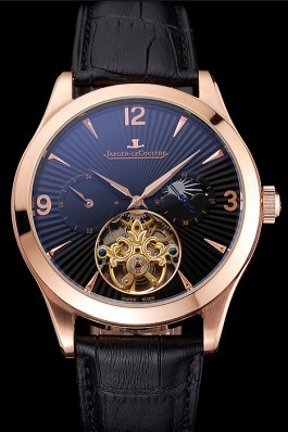 Jaeger LeCoultre Master Moonphase Tourbillon Black Dial Rose Gold Case Black Leather Strap Le Coultre Watch