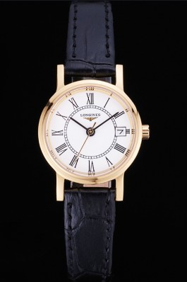 Longines La Grande Classique White Round Dial Gold Case Black Leather Band Small 622383 Replica Longines Classic