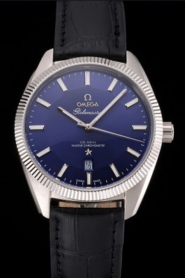 Omega Globemaster Blue Dial Stainless Steel Case Black Leather Strap Best Omega Replica