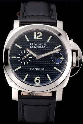 Panerai Luminor Marina Date Black Hobnail Pattern Dial Stainless Steel Case Black Leather Strap Panerai Luminor Replica