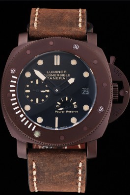 Panerai Luminor Submersible Black Dial Brown Case Brown Leather Strap  Panerai Luminor Replica