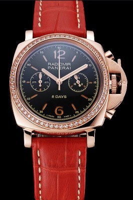 Panerai Radiomir 8 Days Chronograph Black Dial Diamond Bezel Rose Gold Case Red Leather Strap 1453797 Panerai Replica Watch