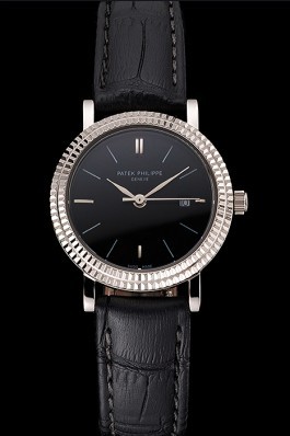 Patek Philippe Calatrava Black Dial Double Ribbed Bezel Stainless Steel Case Black Leather Strap Aaa Grade Patek Philippe Replica