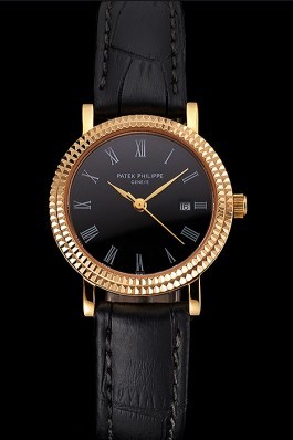 Patek Philippe Calatrava Black Dial Roman Numerals Double Ribbed Bezel Gold Case Black Leather Strap Aaa Grade Patek Philippe Replica