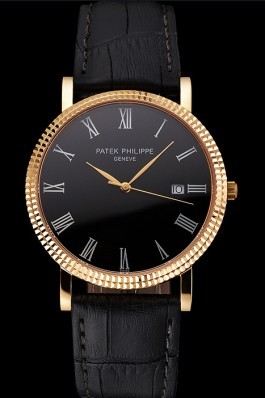 Patek Philippe Calatrava Black Dial Roman Numerals Ribbed Bezel Gold Case Black Leather Strap Aaa Grade Patek Philippe Replica