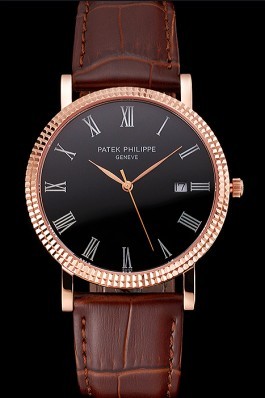 Patek Philippe Calatrava Black Dial Roman Numerals Ribbed Bezel Rose Gold Case Brown Leather Strap Aaa Grade Patek Philippe Replica