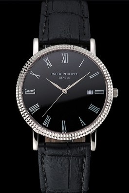 Patek Philippe Calatrava Black Dial Roman Numerals Ribbed Bezel Stainless Steel Case Black Leather Strap Aaa Grade Patek Philippe Replica