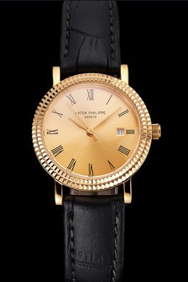 Patek Philippe Calatrava Gold Dial Roman Numerals Double Ribbed Bezel Gold Case Black Leather Strap Aaa Grade Patek Philippe Replica