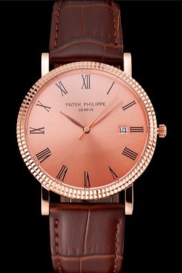 Patek Philippe Calatrava Rose Gold Dial Roman Numerals Ribbed Bezel Rose Gold Case Brown Leather Strap Aaa Grade Patek Philippe Replica