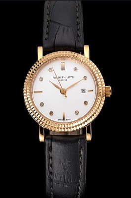 Patek Philippe Calatrava White Dial Diamond Hour Marks Double Ribbed Bezel Gold Case Black Leather Strap Aaa Grade Patek Philippe Replica