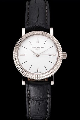 Patek Philippe Calatrava White Dial Double Ribbed Bezel Stainless Steel Case Black Leather Strap Aaa Grade Patek Philippe Replica