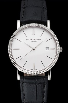 Patek Philippe Calatrava White Dial Ribbed Bezel Stainless Steel Case Black Leather Strap Aaa Grade Patek Philippe Replica