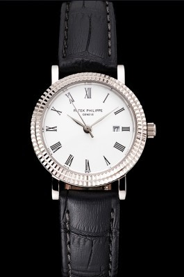 Patek Philippe Calatrava White Dial Roman Numerals Double Ribbed Bezel Stainless Steel Case Black Leather Strap Aaa Grade Patek Philippe Replica