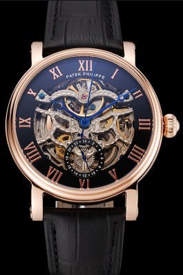 Patek Philippe Grand Complications Black Skeleton Dial Rose Gold Case Black Leather Strap 1453809 Fake Patek Philippe