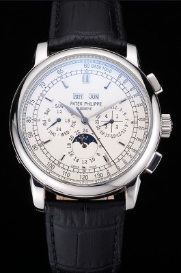 Patek Philippe Grand Complications White Dial Black Leather Bracelet Fake Patek Philippe