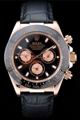 Rolex Daytona Rose Gold Case Black Dial Black Leather Strap Rolex Daytona Replica