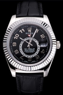 Rolex Sky Dweller Black Dial Stainless Steel Case Black Leather Strap Cheap Replica Rolex