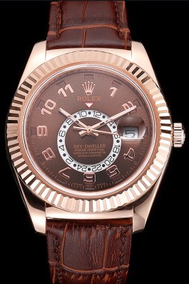 Rolex Sky Dweller Brown Dial Rose Gold Case Brown Leather Strap Cheap Replica Rolex