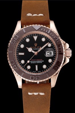 Rolex Yacht Master Black Dial Brown Bezel Rose Gold Case Brown Leather Bracelet 1453860 Replica Rolex