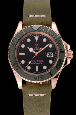 Rolex Yacht Master Black Dial Green Bezel Rose Gold Case Green Leather Bracelet 1453862 Replica Rolex