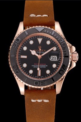 Rolex Yacht Master Black Dial Rose Gold Case Brown Leather Bracelet 1453861 Replica Rolex