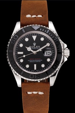 Rolex Yacht Master Black Dial Silver Case Brown Leather Bracelet 1453859 Replica Rolex