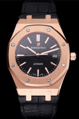 Swiss Audemars Piguet Royal Oak Black Dial Gold Case Black Leather Strap Piguet Replica