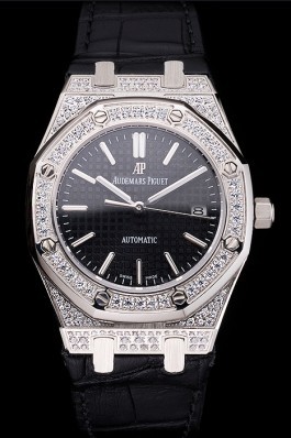 Swiss Audemars Piguet Royal Oak Black Dial Steel Case With Diamonds Black Leather Strap Piguet Replica