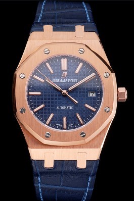 Swiss Audemars Piguet Royal Oak Blue Dial Gold Case Blue Leather Strap Piguet Replica