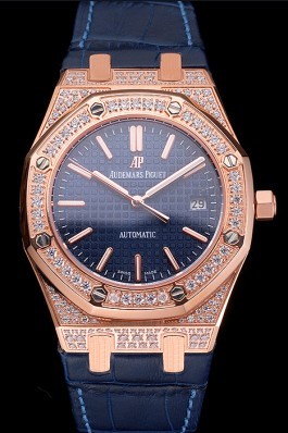 Swiss Audemars Piguet Royal Oak Blue Dial Gold Case With Diamonds Blue Leather Strap Piguet Replica