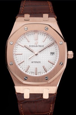 Swiss Audemars Piguet Royal Oak White Dial Gold Case Brown Leather Strap Piguet Replica