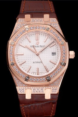 Swiss Audemars Piguet Royal Oak White Dial Gold Case With Diamonds Brown Leather Strap Piguet Replica