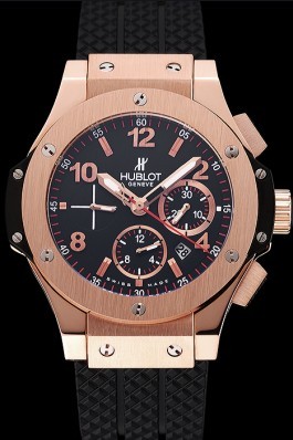 Swiss Hublot Big Bang Black Dial Rose Gold Case Black Rubber Bracelet 1453898 Replica Watch Hublot