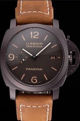 Swiss Panerai Luminor Marina 1950 3 Days Brown Dial Black Case Brown Leather Strap Panerai Luminor Replica