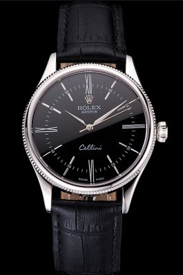 Swiss Rolex Cellini Black Dial Roman Numerals Stainless Steel Case Black Leather Strap Replica Rolex