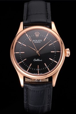 Swiss Rolex Cellini Black Dial Rose Gold Markings Rose Gold Case Black Leather Strap Replica Rolex