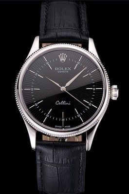 Swiss Rolex Cellini Black Dial Steel Case Black Leather Strap Replica Rolex