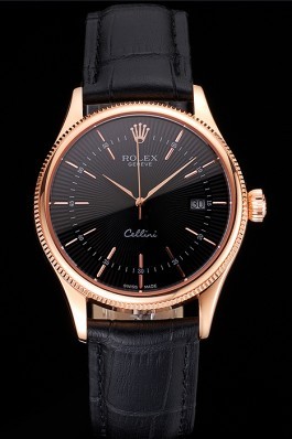 Swiss Rolex Cellini Date Black Dial Rose Gold Markings Rose Gold Case Black Leather Strap Replica Rolex