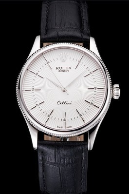 Swiss Rolex Cellini White Guilloche Dial Stainless Steel Case Black Leather Strap Replica Rolex