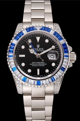 Swiss Rolex GMT Master II Black Dial Stone Set Bezel Stainless Steel Case And Bracelet 1453747 Rolex Replica Gmt