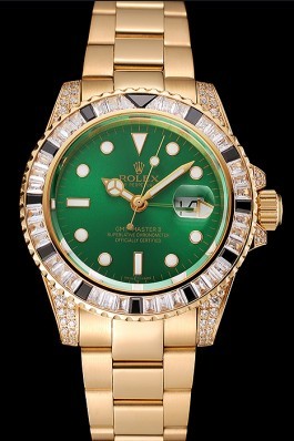 Swiss Rolex GMT Master II Green Dial Stone Set Bezel Gold Case And Bracelet 1453748 Rolex Replica Gmt