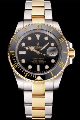 Swiss Rolex Submariner Black Dial And Bezel Two Tone Steel Gold Bracelet Rolex Submariner Replica