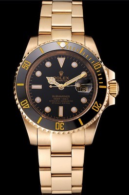 Swiss Rolex Submariner Black Dial Black Bezel Yellow Gold Case And Bracelet Rolex Submariner Replica