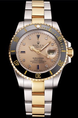 Swiss Rolex Submariner Gold Dial Diamond Markings Black Bezel Two Tone Steel Gold Bracelet Rolex Submariner Replica