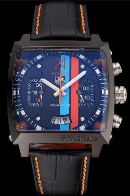 Tag Heuer Monaco Calibre 36 Blue And Orange Stripes Dial Black Leather Strap 622302 Perfect Tag Heuer Replica